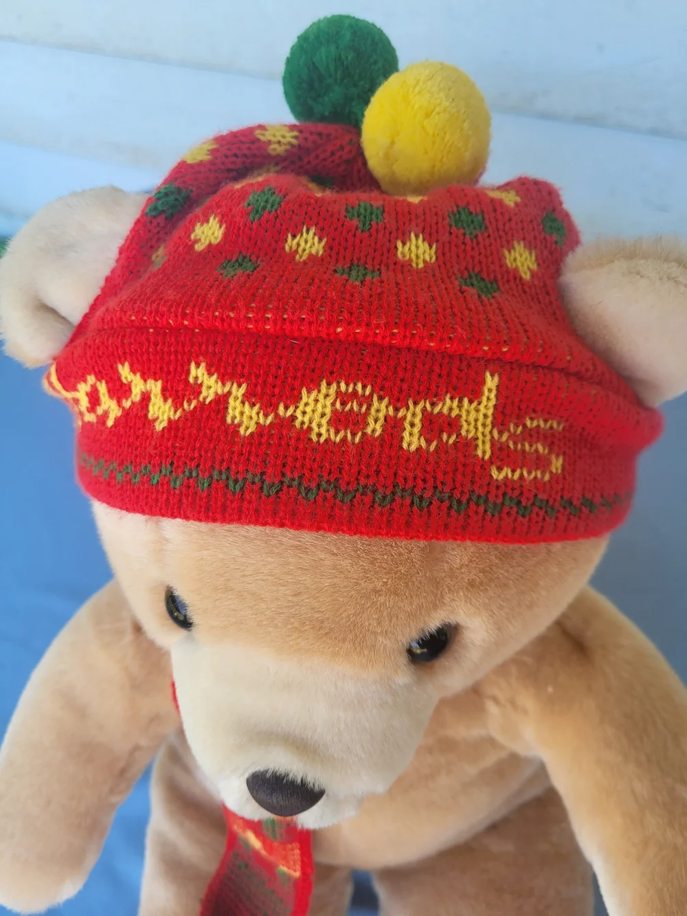 Harrods Tan Plush Teddy Bear with Red and Yellow Knit Hat & Scarf